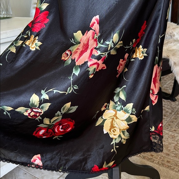 Cinema etoile VTG 🌺 black satin boho romantic floral lace maxi slip dress L - Picture 11 of 14